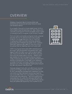 A page titled "Overview" with text about Federally Qualified Health Centers (FQHC) and Los Angeles' Universal Community Health Center. An illustration of a hospital building with a cross is on the right. DataFile Technologies logo is at the bottom.