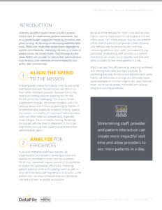 A document titled "Five Ways an FQHC Can Save on Administrative Costs" features sections on aligning spending with the mission and streamlining provider administrative processes. Contact details and logos for DataFile Technologies are at the bottom.