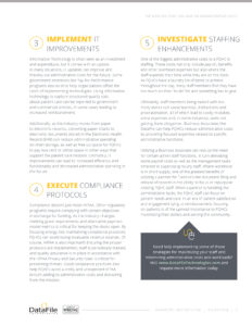 A page from DataFile Technologies titled "Five Ways an FOHC Can Save on Administrative Costs." Includes sections on implementing IT improvements, executing compliance protocols, and investigating staffing enhancements, with contact information at the bottom.
