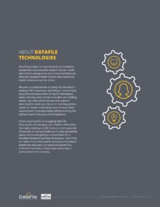 Informational flyer for DataFile Technologies featuring icons with gears and a checklist. Text describes their services in healthcare data management and customer service. Contact information is given at the bottom.