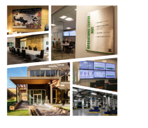 Collage of a modern office building exterior, a conference room with a large table, a meeting in a small room, an operations center sign, and a room filled with computer screens and equipment.
