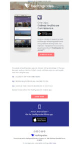 Screenshot of a Healthgrades email promoting their app. It highlights seamless healthcare access, top-notch providers, and personalized recommendations. Available on Android, with a mention of an iPhone version. “Learn More” and subscription links included.