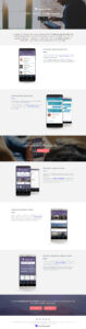 A webpage showcasing features of a healthcare app, including location-based searches, care recommendations, mobile health plans, appointment reminders, and multiple profiles. Images of smartphones display app interfaces.
