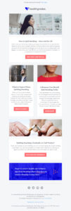 Email newsletter from Healthgrades about quitting smoking. Includes sections on methods to quit, expectations during the process, reasons to quit, and whether to quit gradually or cold turkey. Features several clickable red buttons for more info.