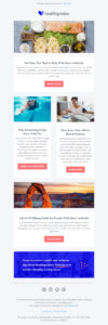 An email newsletter from Healthgrades featuring articles about managing knee arthritis. Sections include advice on diet, swimming benefits, knee pain knowledge, and top U.S. hiking trails for those with arthritis, with buttons for more information.
