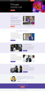 Screenshot of a webpage for Transform'19 event in San Diego, highlighting keynotes, sessions, and sponsors. Features speaker video, colorful graphics, and images of attendees. Includes event date, location, and a call to action for joining.