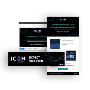 A promotional graphic featuring an email mockup, flyer, and banner for ICON by Windstream. The materials emphasize "A Smarter Way to Self Serve" and showcase technology-themed design elements with circular patterns.