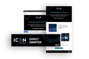 A collection of digital and print media layouts featuring ICON by Windstream. Includes a website, email, and banner with the slogan "EXPECT SMARTER" and images of network visuals. Promotes a smarter way to self-serve in network management.