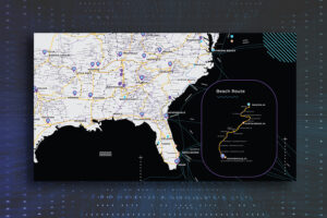 Map of the southeastern United States highlighting a beach route. The route starts in Nashville, TN, passing through various cities including Atlanta, GA, and Jacksonville, FL, ending in Miami, FL. Blue markers indicate points of interest.