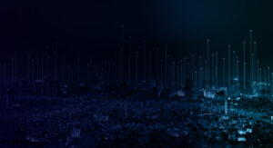 A city skyline at night with digital lines extending upwards, representing data connection and technology. The dark blue and teal hues create a futuristic and tech-oriented atmosphere.