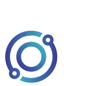 A blue gradient circular logo with three interconnected rings and two small circles on the outer ring. The design suggests a dynamic, orbit-like structure, set against a transparent background.