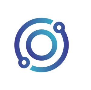 A gradient blue and teal circular logo with an outer ring and an intersecting line, creating an orbital design. The background is white, enhancing the logo's modern and sleek appearance.