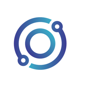Blue gradient circular logo resembling an atom with two orbiting paths around a central circle, on a black background.