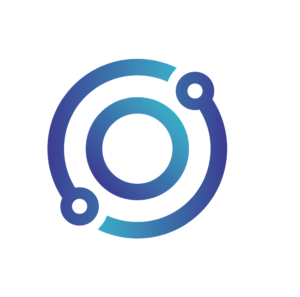 A blue and teal abstract circular shape with gradients creating a three-dimensional effect. The background is white, enhancing the contrast of the design.