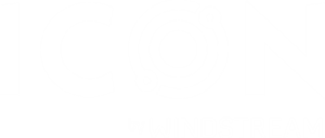 Logo featuring the word "ICON" in bold white letters with a circular design integrated into the "O". Below, smaller text reads "by Windstream". The overall design is set against a transparent background.