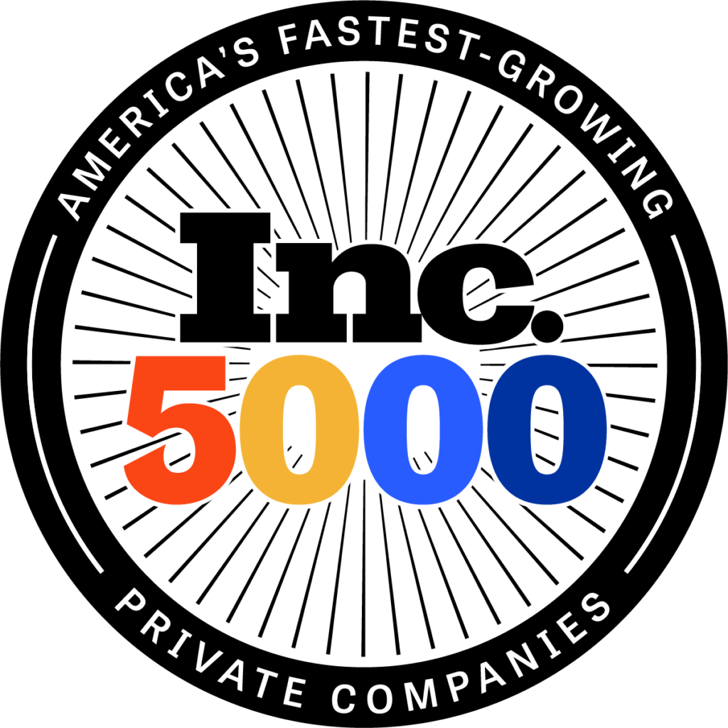 Inc. 5000 logo with the text "America's Fastest-Growing Private Companies" surrounding "Inc. 5000" in black, orange, yellow, and blue on a white circular background with radiating lines.