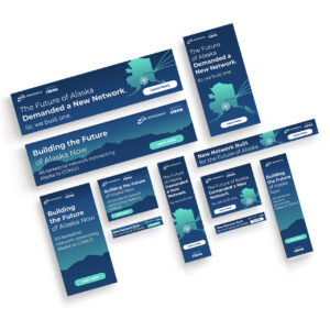 A set of web banners with a dark blue background and white text advertising a telecommunications network expansion in Alaska. It features green map graphics and buttons labeled "Learn More," with logos for Alaska Communications and Ciena.