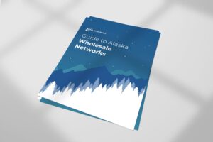Brochure titled "Guide to Alaska Wholesale Networks" features a design of white trees and blue mountains under a starry sky. The gradient background transitions from dark blue to light blue, creating a serene, winter-themed appearance.