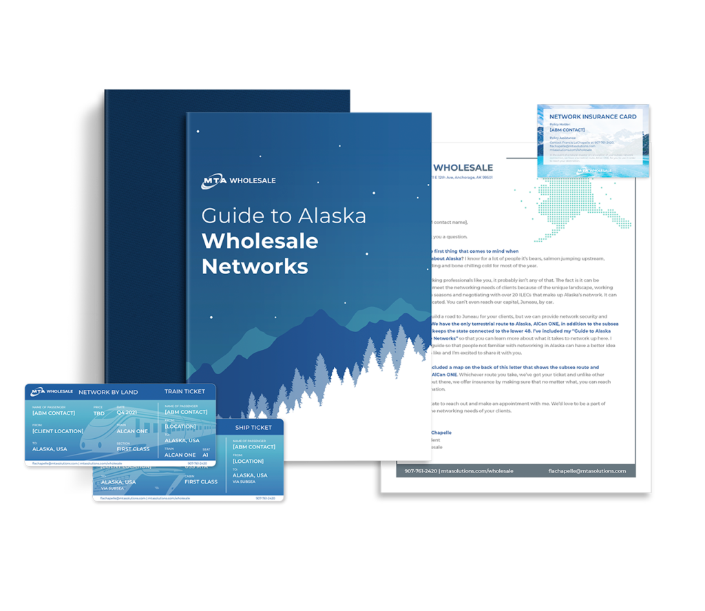 A collage features a brochure titled "Guide to Alaska Wholesale Networks" with a mountain and forest design, a letter, a network insurance card, and three ticket images labeled for air, train, and ship travel in Alaska.