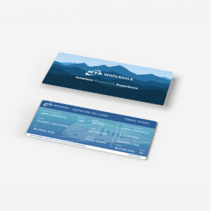 Two cards on a light surface. The top card reads "MTA Wholesale: Solutions Powered by Experience" with a mountain design. The bottom card resembles a train ticket with placeholders for details like client location, destination, and date.