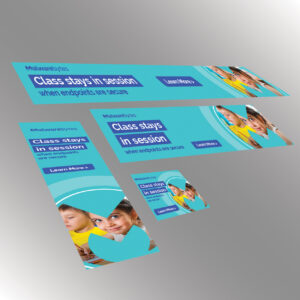 Various digital banners display children in a classroom setting, with text promoting Malwarebytes, emphasizing security with "Class stays in session when endpoints are secure." Banners feature a "Learn More" button.