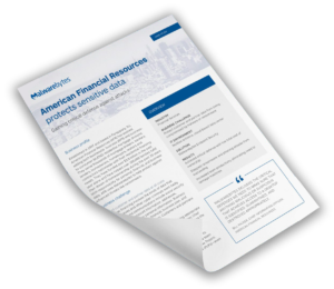 A tilted document displaying a Malwarebytes case study about American Financial Resources protecting sensitive data. It includes sections on business profile, challenge, solution, and results, with blue accents and a corporate logo at the top.