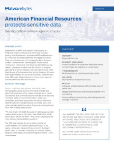 Case study document detailing how American Financial Resources protected sensitive data using cloud-based data center solutions and malware protection software. Includes sections on business profile, challenge, and solution provided by Malwarebytes.