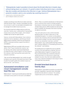 A case study page about Malwarebytes’ success in combating the Emotet infection. It highlights a testimonial from Joseph Surlsou, discusses automated remediation, a control management console, and solutions to halt the infection's spread.