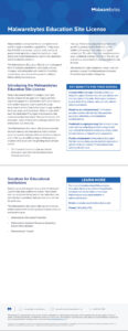 Infographic detailing Malwarebytes Education Site License benefits. It highlights key features, benefits for schools, solutions for institutions, and contact info. Includes sections on cost management, operational efficiency, and IT environment security.