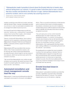 A case study page from Malwarebytes detailing the successful remediation of the Emotet infection in a school district's network. The page includes quotes from the Chief Information Officer and highlights automated remediation and cloud management.