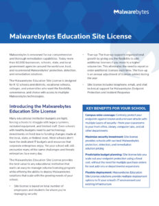A Malwarebytes Education Site License flyer highlights its comprehensive protection for schools, colleges, and universities. It includes benefits like cost-predictability, true-up flexibility, and 24/7 remediation. Key features are listed on the side.