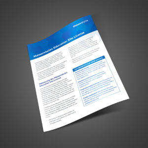 A tilted brochure on a gray background titled "Malwarebytes Education Site License." It features blue and white colors, text detailing benefits for schools, and highlights of the license.