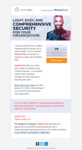 An advertisement featuring TechnoBox and Malwarebytes. It highlights comprehensive security services with a 'Watch Now' button. The text details security features, a testimonial for Partner XYZ, and a meeting request option.