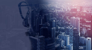 A city skyline blends into a translucent human face outline, symbolizing a connection between humanity and urban life. The image has a gradient from dark blue to bright pink, creating a dynamic, futuristic atmosphere.