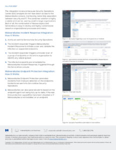 A detailed infographic explaining Malwarebytes integrations with ServiceNOW for Incident Response and Endpoint Protection. It includes step-by-step processes, screenshots, and feature descriptions in a structured layout.