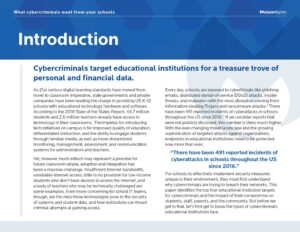 Title page of a report on cybercriminals targeting educational institutions for personal and financial data, with statistics on reported incidents and the importance of cybersecurity measures in schools.