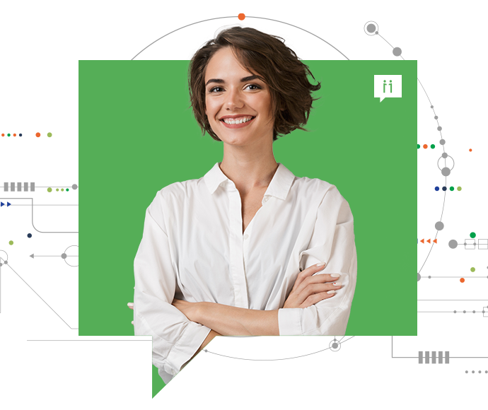 Smiling person with short brown hair and a white shirt stands with arms crossed. A green rectangle frames them, and there are abstract circuit-like designs in the background.