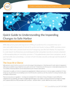 Informational flyer titled "Quick Guide to Understanding the Impending Changes to Safe Harbor" highlights issues for MSPs and data center providers in managing data laws. It mentions globalization and privacy concerns. Contact info and website listed at the bottom.