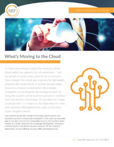 A digital illustration of a cloud connected to circuits is on the right side. The left has text discussing the shift to cloud computing and its impact on business operations. A hand holding a glowing cloud icon is at the top.
