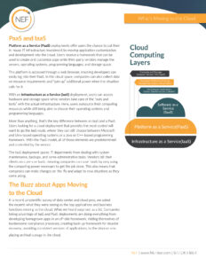 An informative flyer about cloud computing layers, featuring Platform as a Service (PaaS) and Infrastructure as a Service (IaaS). It includes text on app development benefits and a diagram illustrating the cloud layers. Company contact information is provided.