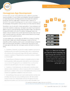 A flyer titled "Homegrown App Development." It discusses the benefits of cloud computing for customer-facing apps, compares it to in-house infrastructure, and includes quotes and a list of advantages. Icons depict elements related to cloud and technology.