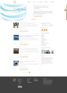 Screenshot of a webpage featuring the NEF Blog. Includes a list of articles with images and titles on topics like data center business and SDN. Side bar displays social media links, blog categories, and upcoming events.