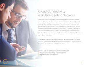 Two business professionals in an office setting discuss work over a table with a laptop. The text on the right explains the benefits of cloud connectivity and a user-centric network for company innovation.