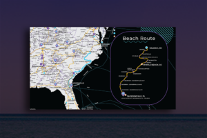 Map showing a beach route from Jacksonville, FL to Raleigh, NC. It highlights coastal cities like Savannah, Charleston, and Myrtle Beach, with major highways and stops marked along the path. The background is a gradient of dark blue and purple.
