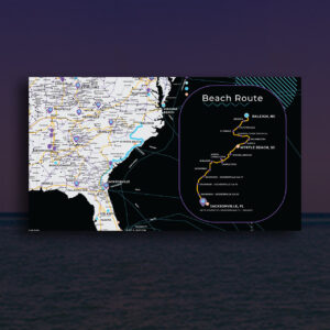Map showing the Beach Route from Jacksonville, FL to Raleigh, NC. Points of interest include Myrtle Beach, SC. The map highlights highways, cities, and the coastal path along the southeastern U.S.