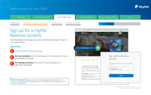 Screenshot of the PayPal Business in a Box Toolkit webpage. It includes navigation tabs, a guide to signing up for a PayPal Business account, and an image of the account creation page with instructions for new and existing merchants.