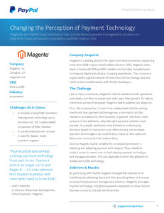 Case study featuring Magento and PayPal. Highlights partnership advantages, a company snapshot, and challenges faced. Includes quotes from Andy Barker and Jim Breau. Shows Magento and PayPal branding at the top.