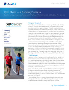 A case study page with the PayPal branding titled "Xero Shoes – a Runaway Success." It features an image of two people running and includes sections about the company snapshot, CEO Steven Sashen, industry, website, and company details.