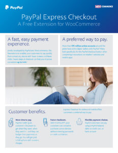 A promotional image for PayPal Express Checkout, a free WooCommerce extension. Includes a woman using a laptop, with text highlighting fast payments, over 179 million accounts, and customer benefits like more time to pay, flexible payments, and faster checkouts.