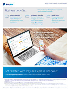 Promotional flyer for PayPal Express Checkout, highlighting benefits like higher conversion rates, incremental web sales, and attracting new buyers. Features a person using a laptop and includes a call to action to start with PayPal Express Checkout.